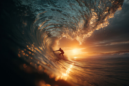 Silhouette of surfer in barrel wave.