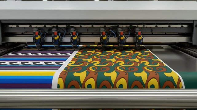 Large industrial wide format printer produces colorful patterned fabric with automated inkjet heads working on a custom textile design for modern fashion production in a commercial facility