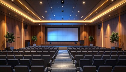 Naklejka premium Modern empty auditorium with rows of black seats and large screen