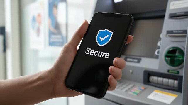 Person holding a mobile smartphone displaying a secure shield icon while standing in front of an automated teller machine to complete a private banking financial transaction today