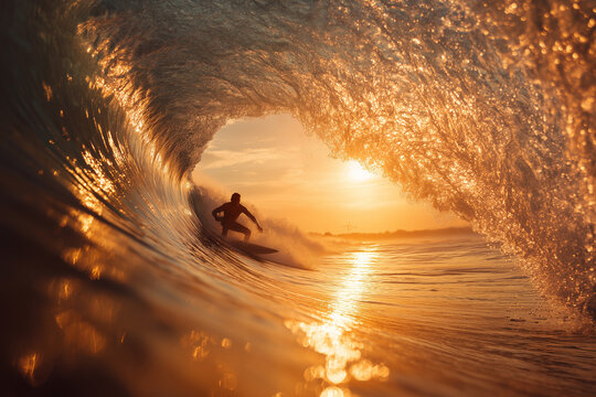 Silhouette of surfer in barrel wave.