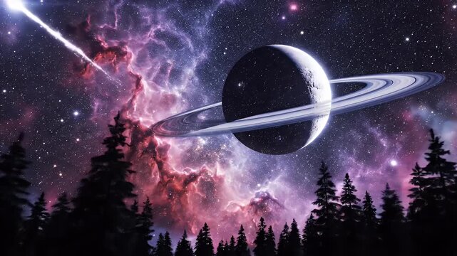 Moonlit Evergreen Forest Framed by a Ringed Planet and Nebulae in the Sky