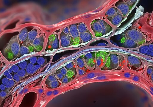 Colorful Microscopic Tissue Cross Section with Fluorescent Cells