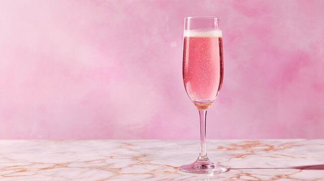 flute. A champagne flute with pink liquid on marble, set against a soft pastel pink gradient background. bar promotions, beverage menus, designed for product packaging and bar promotions.