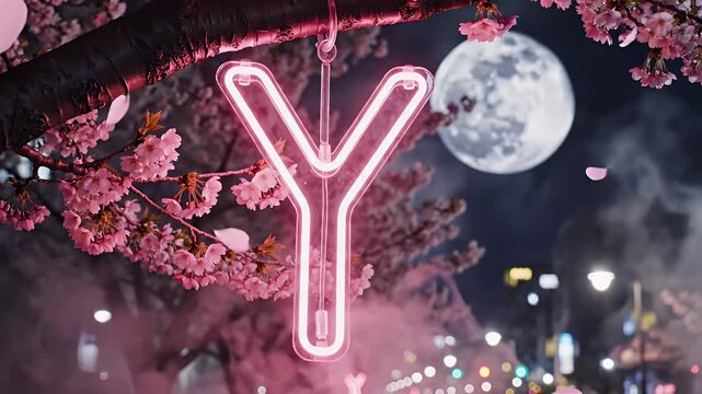 Neon Pink Y Sign Illuminates a Cherry Blossom Alley Beneath a Moonlit Urban Nightscape with Mist