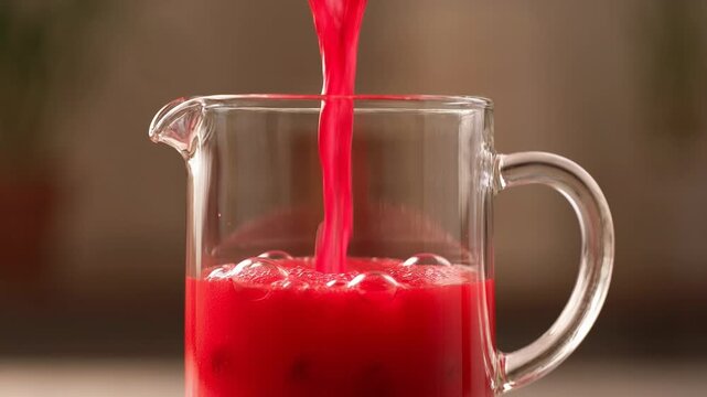 Pouring vibrant red cranberry kissel into a glass jar with fresh berries.
