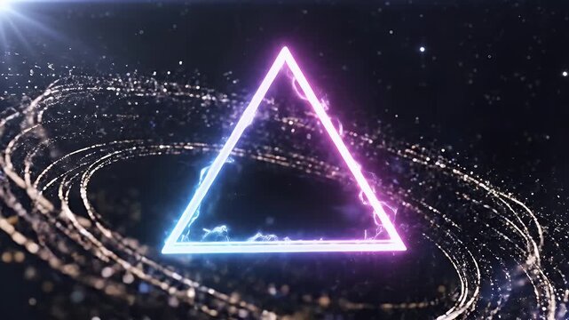 Neon-Outlined Equilateral Triangle Imagery Floating Through a Starry Cosmic Night Sky