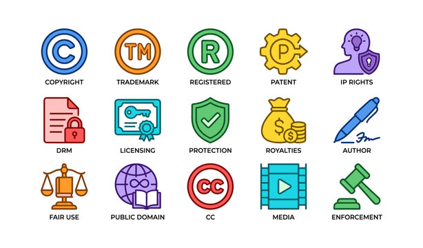 Intellectual property symbols: copyright, trademark, patent, licensing, and more