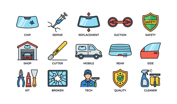 Windshield repair icons: chip, replacement, safety, mobile service