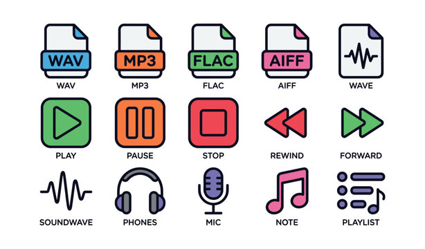 Audio file formats and media control icons in colorful design