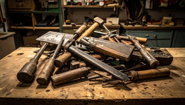 A disorganized pile of weathered and sharpened woodworking tools resting on a rustic workshop bench, ready for use.