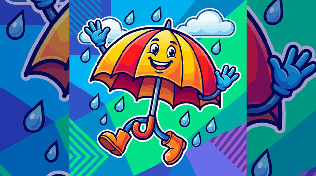 Cheerful cartoon umbrella character walking in the rain with cloud and raindrops in a colorful background vector illustration