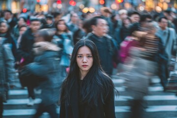 Fototapeta premium Stressed young Asian woman standing alone amidst blurred city crowd, urban solitude concept