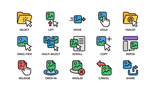 Colorful user interface icons for actions like select, move, and copy