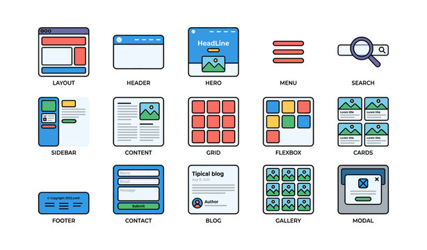Web design elements: layout, header, hero, menu, search, sidebar, content, grid, flexbox, cards