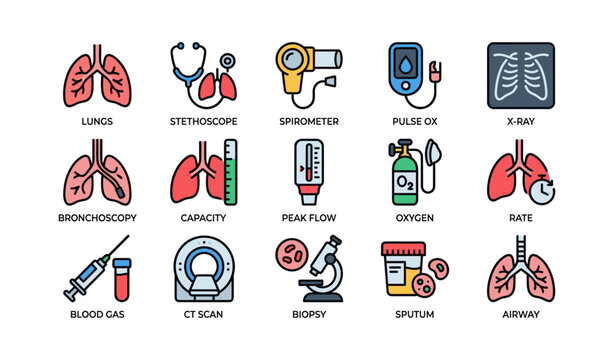 Medical equipment and tests: stethoscope, spirometer, x-ray, ct scan, microscope