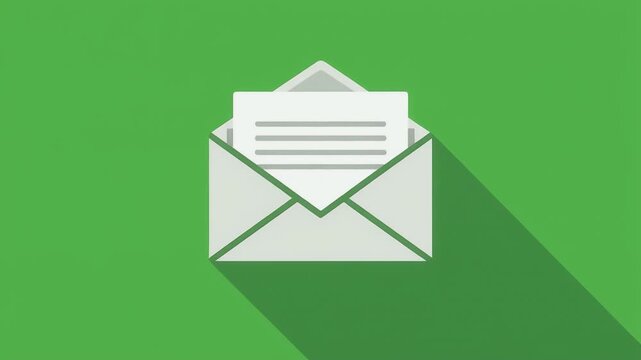 A stylized envelope, open with a sheet of paper with lines, casting a shadow, set against a green backdrop