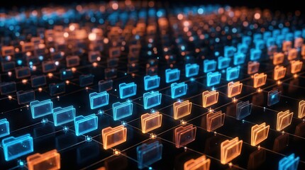 Fototapeta premium Secure file management illustrated by glowing folder nodes within a dynamic futuristic network grid.