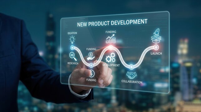 Visualizing the new product development roadmap, a business professional touches virtual icons representing ideation, development, and launching processes.
