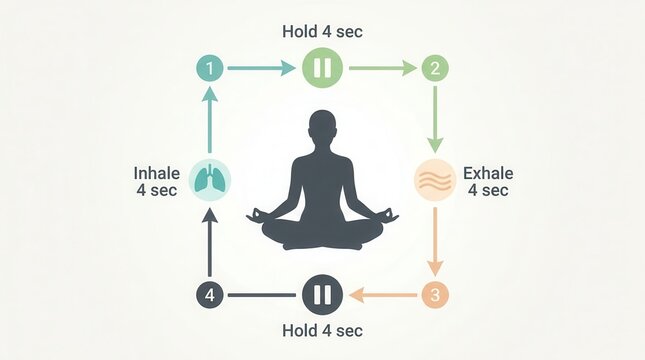 Clear diagram illustrating the four steps of box breathing: inhale, hold, exhale, and a second hold, with a central meditation icon.