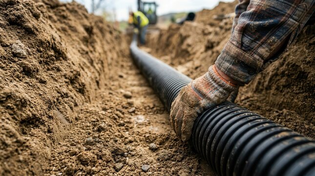 Installing a corrugated drainage pipe, a worker ensures proper trench drain control and pipe management to channel water and prevent soil erosion.