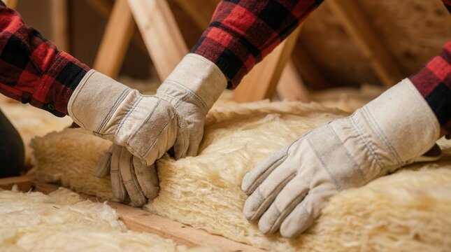 Enhancing home energy efficiency, a worker positions fiberglass batt insulation within an attic space, forming an effective thermal barrier.