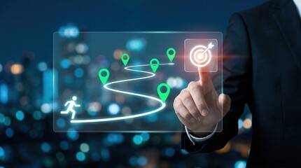 Fototapeta premium Strategic business planning visualizes progress and goal attainment, with a hand activating a glowing target icon at the journey's end.