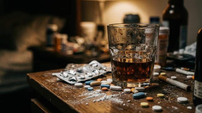 Representing drug misuse and addiction, a messy surface holds a glass of liquor, scattered pills, and a blister pack, indicating overdose danger and treatment issues.