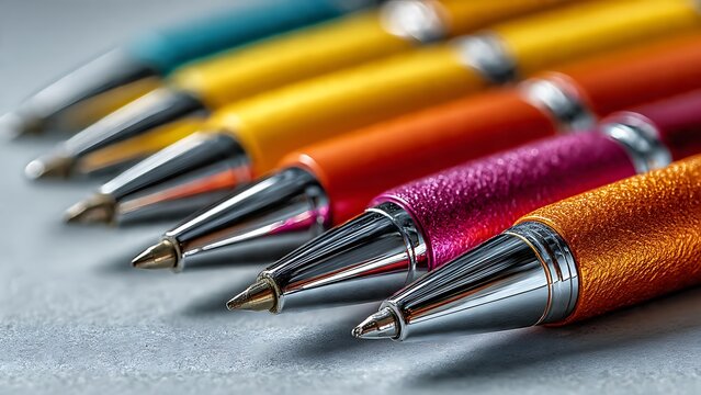 Colorful ballpoint pens arranged in a row feature metallic tips and vibrant textured barrels in a high resolution commercial macro photograph