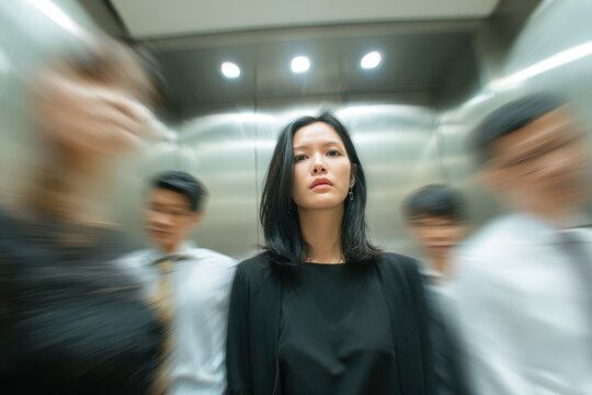 Stressed Asian woman overwhelmed in crowded elevator, deep focus on emotional expression and urban life