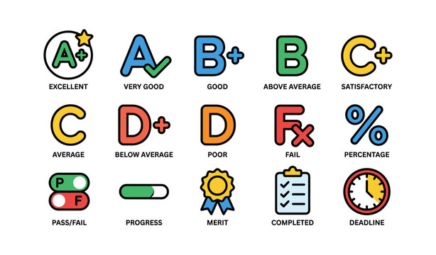 Colorful grade symbols and icons representing performance and progress evaluation