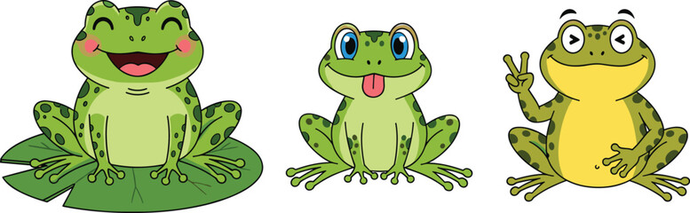 Naklejka premium Cartoon Frog Vector Collection Featuring Cute Amphibian Characters with Playful Expressions for Children’s Creative Designs