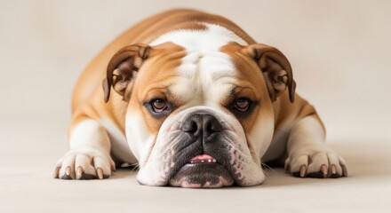 Fototapeta premium A brown and white bulldog lying on a beige surface with a sad expression