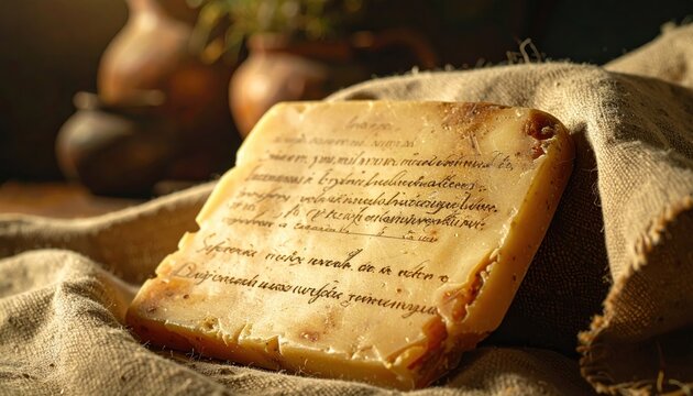 Close up of an ancient Roman wax tablet with cursive Latin script inscribed, hinting at historical records and lost knowledge.