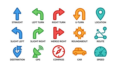 Fototapeta premium Colorful navigation icons: arrows, location, gps, and speedometer