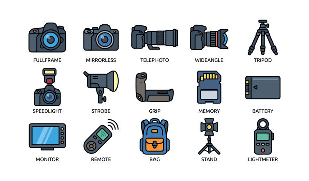 Camera equipment icons: lenses, tripods, flash, memory cards, accessories