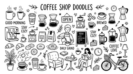Naklejka premium Set of Coffee Shop doodles. hand drawn style. black and white line art drawing