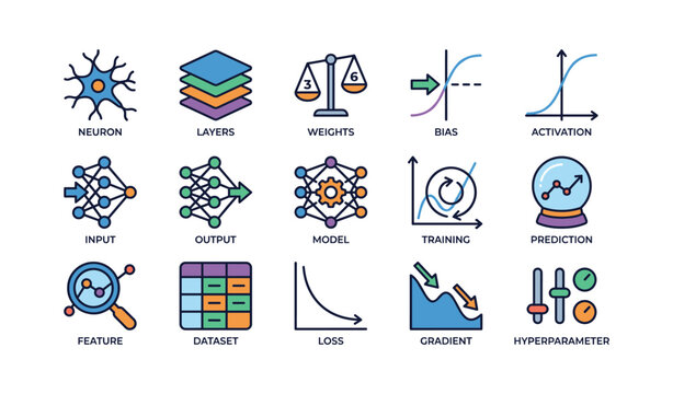 Colorful icons representing key concepts in machine learning and neural networks