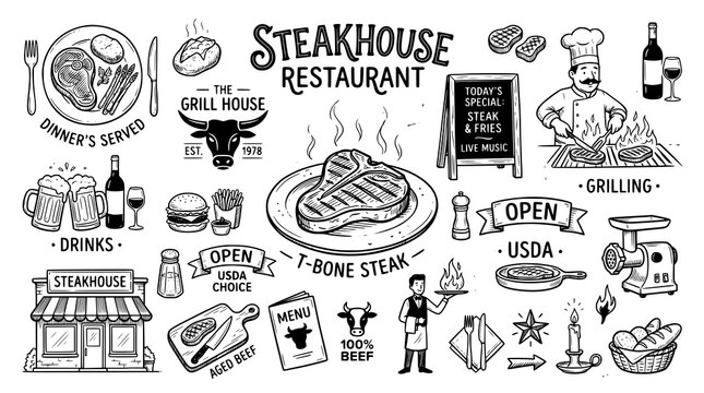 Set of Steakhouse Restaurant doodles. hand drawn style. black and white line art drawing
