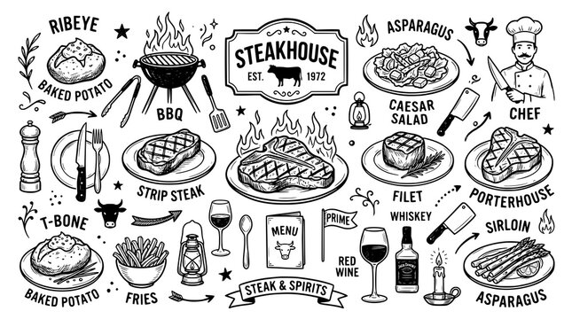 Set of Steakhouse Restaurant doodles. hand drawn style. black and white line art drawing