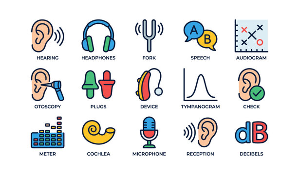 Hearing and audio tools: headphones, audiogram, cochlea, microphone icons