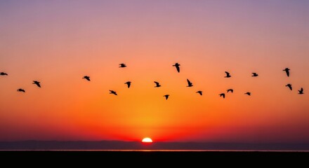 Obraz premium A serene sunset scene with a flock of birds flying across the vibrant sky