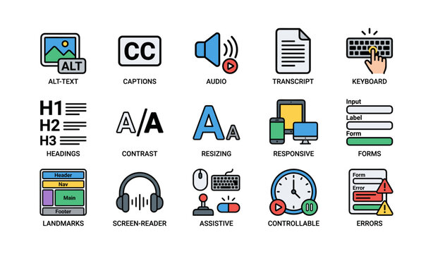 Web accessibility icons: alt-text, captions, audio, transcript, keyboard, headings, contrast, resizing