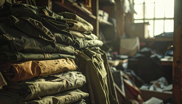 A Discarded Pile of Worn Faded and Stained Military Uniforms in Dusty Storage