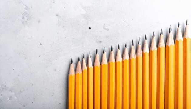 Row of yellow graphite pencil leads of varying hardnesses arranged meticulously on a textured surface