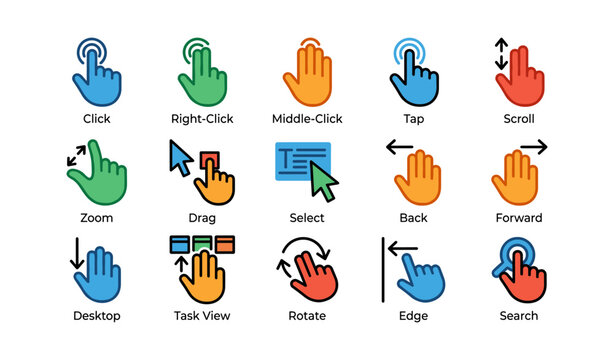 Hand gesture icons for touchscreen navigation and control functions