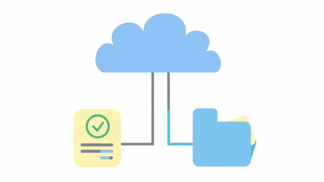 Successful checkmark on cloud computing network diagram with verified document and data folder icon isolated on an alpha channel. Flat design of secure cloud storage and file synchronization symbol.