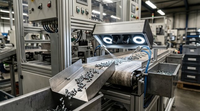 Medium shot focusing on a chute feeding fasteners into an optical sorting machine showcasing the inspection process for size differentiation and defect detection in manufacturing.