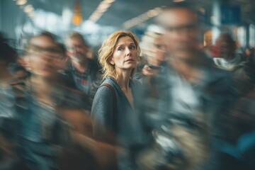 Fototapeta premium Stressed Caucasian Woman in Crowded Office Environment, Deep in Thought with Motion Blur Background