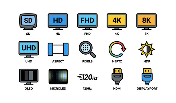 Display technologies icons: sd, hd, fhd, 4k, 8k, uhd, aspect, pixels, hertz, hdr, oled, microled, 120hz, hdmi, displayport